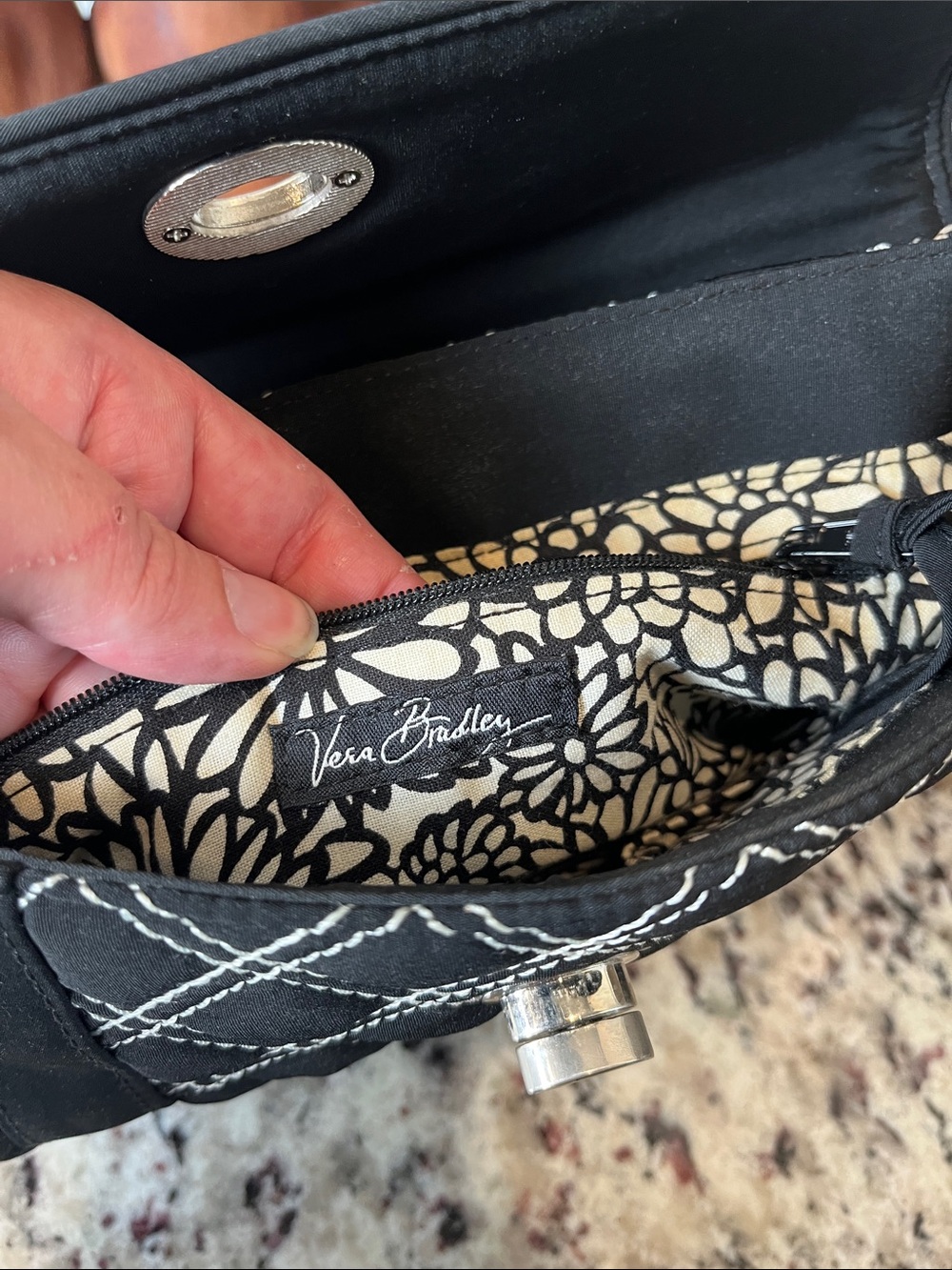 Vera Bradley Black Quilted Satchel with White Stitching - Picture 7 of 10